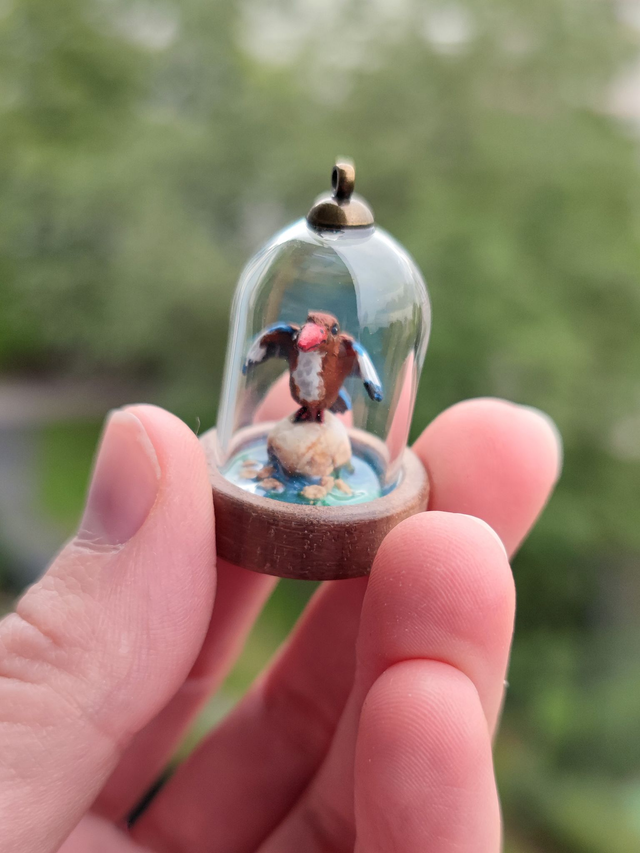 White throated kingfisher - one of a kind miniature diorama jewelry