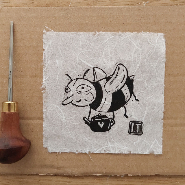 Honey and Tea - linocut bee - Handprinted bee and teapot