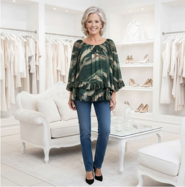 Blouse Marble Print Frill Edge Hem - KM