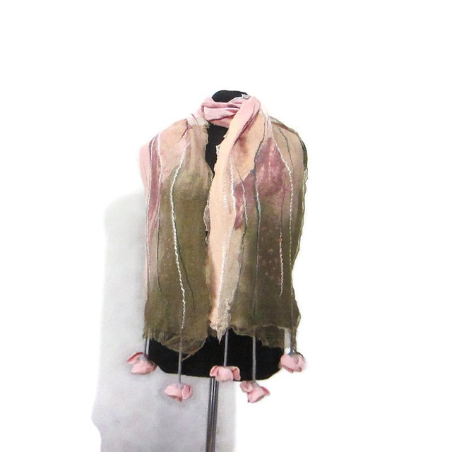 Sciarpa feltro lana merino seta infeltrita fiori rosa Sciarpa lunga calda donna fatto a mano regali unici per le donne