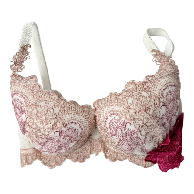 Regal white + brown floral appliqué Japanese Bra UK 32DD