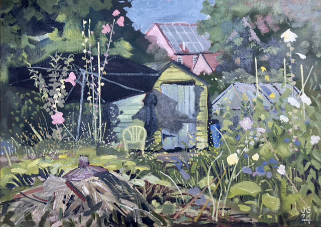 Allotment shed 14x10 inch, oil on canvas.