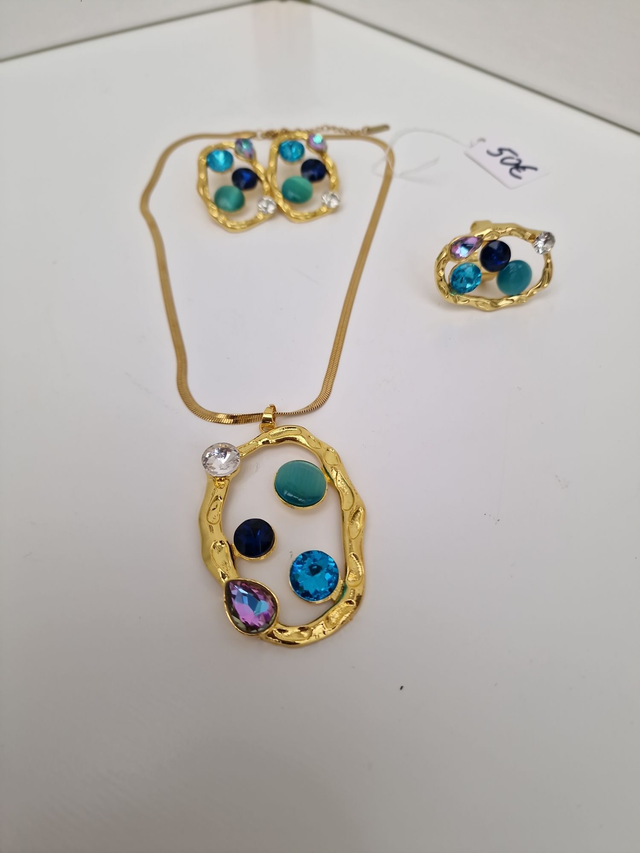 Parure Bijoux Trois Pièces Acier Doré Pierres De Lune Strass