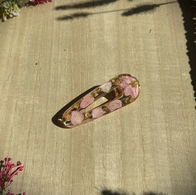 Barrette à cheveux - Rose doux et or (arrondie)