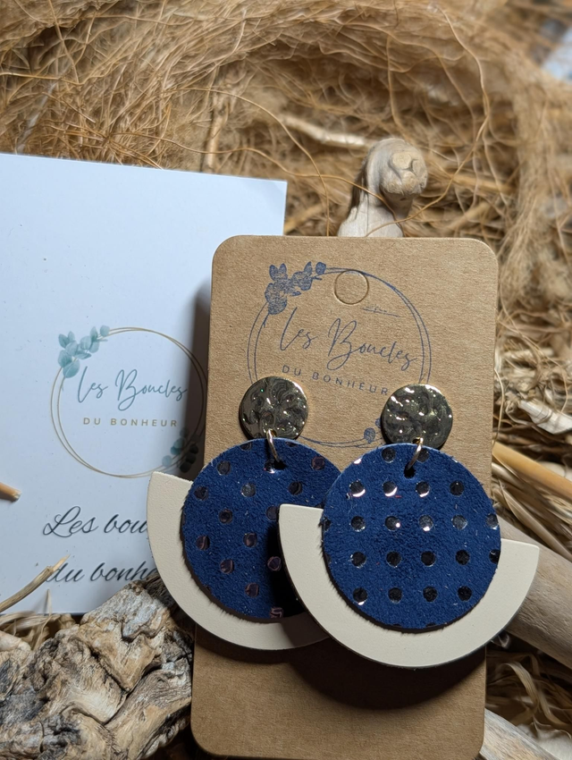 Boucles d'oreilles Dona beige marine à pois do133