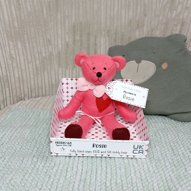 Rosie. Medium size. 100% wool felt, hand-sewn teddy bear. UKCA toy. Pink. Cherry. Baby pink. Red.