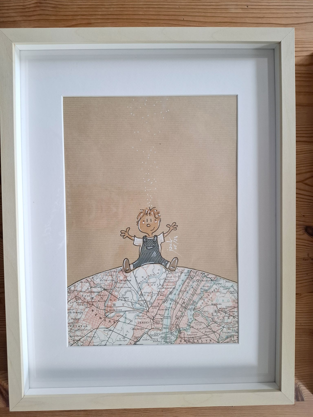 "Planète carte" -  Dessin format A4 sur papier - cadre 32x42 - frais de port compris pour la France