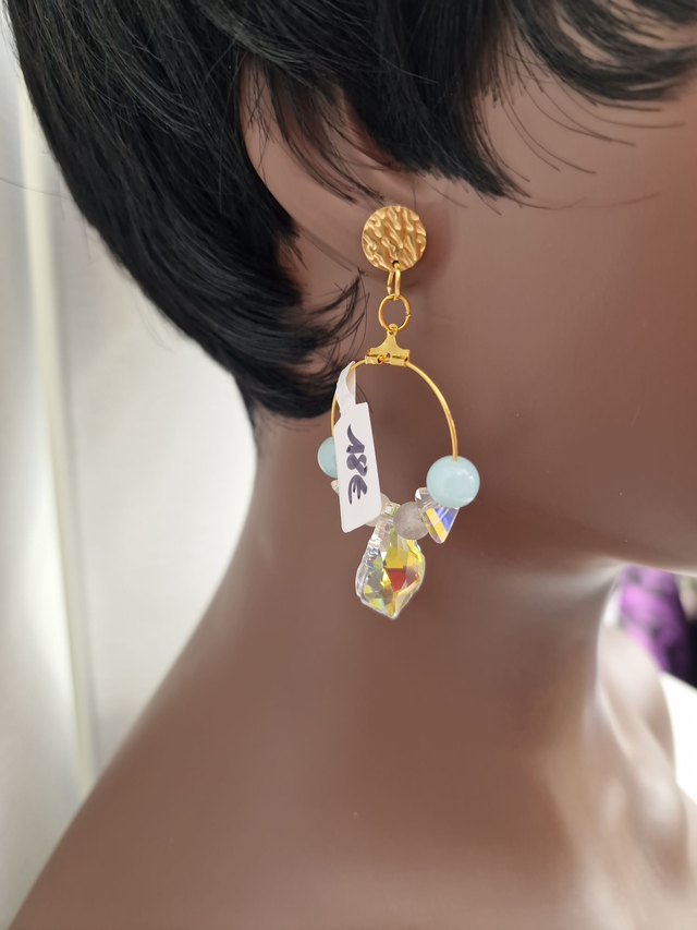 Boucles D'oreilles Acier Créoles Pierres Amazonite Bleu Cristal