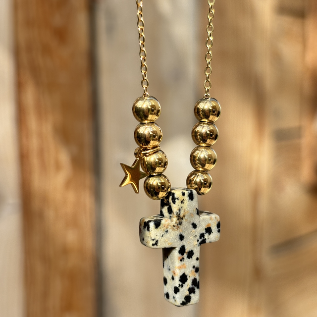 Sautoir Cross en pierre naturelle Jaspe dalmatien