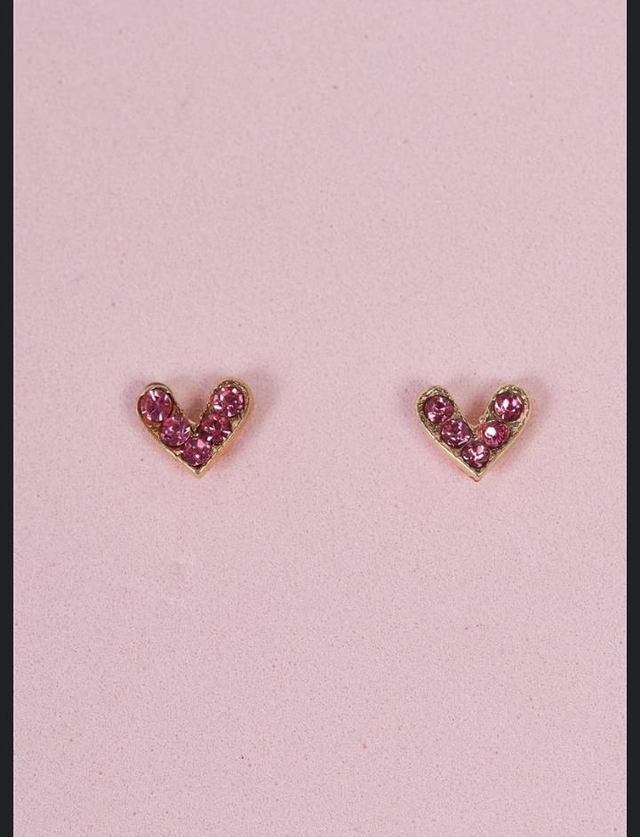 Pink &amp; Gold Faux Diamonds Incrusted Heart Stud Earrings