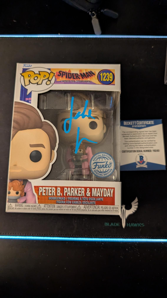 Funko Pop Marvel Spider-Man Across the Spider-verse Peter B Parker & Mayday signed by Jake Johnson with Beckett COA 