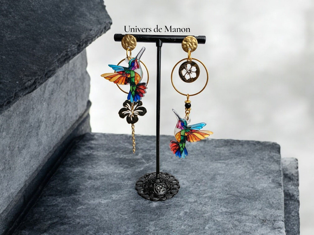 Boucles d'oreilles Colibris Multicolores (doré)