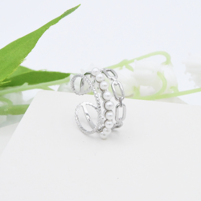 Bague 3 rangs avec perle 