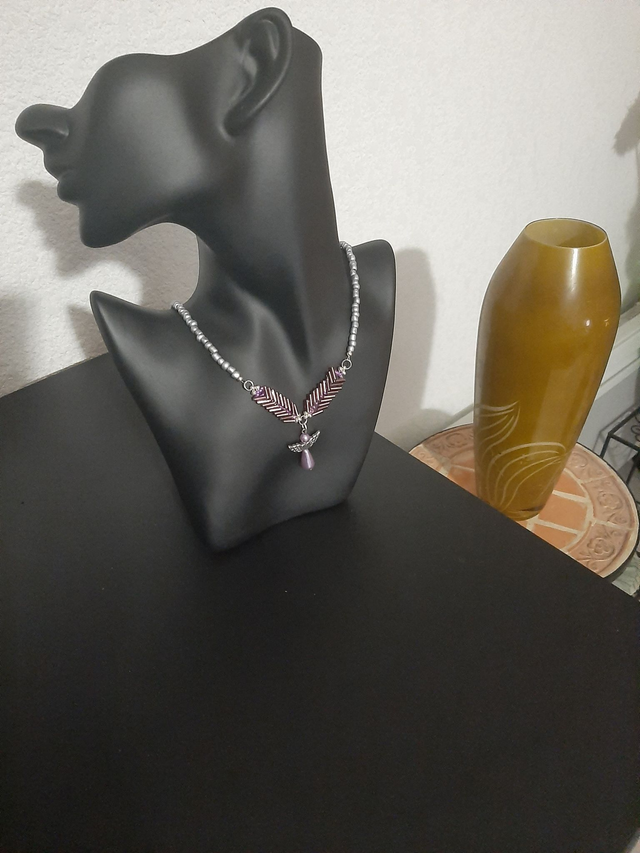 Collier inoxydable tissé silver  ange prune en perle rocaille 		