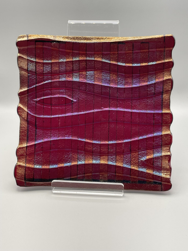 Kiln Carved  Iridescent Platter on Garnet Red Transparent Glass