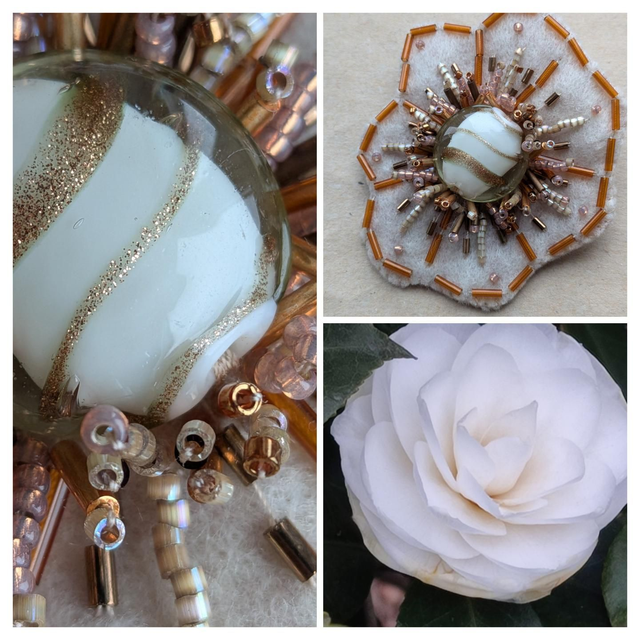Broche fleur tissée main en perles de verre et feutrine : crème, cuivre et or , pièce unique 