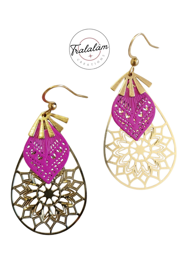 ✨Boucles d&#039;oreilles légères gouttes filigranées dorées et fuchsia✨(169BO)