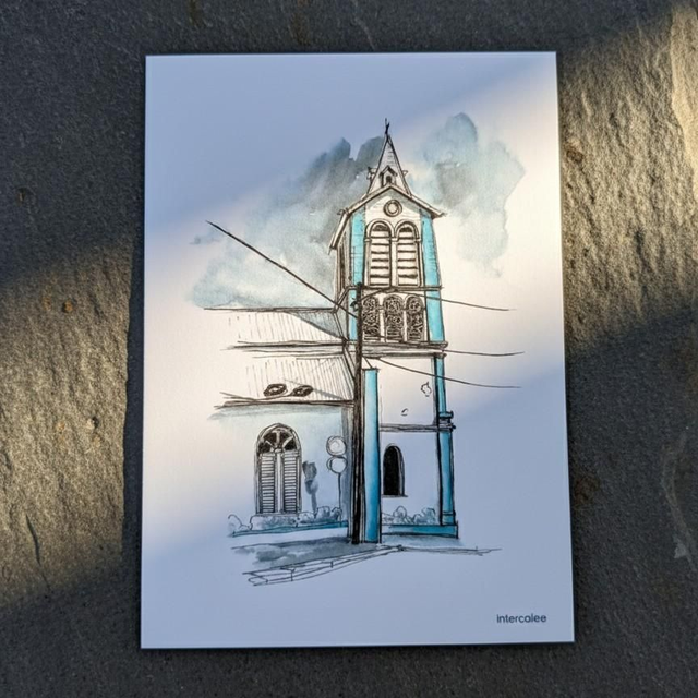 Encre et aquarelle - Église Sainte Rose de Lima - Le Robert - Martinique - reproduction
