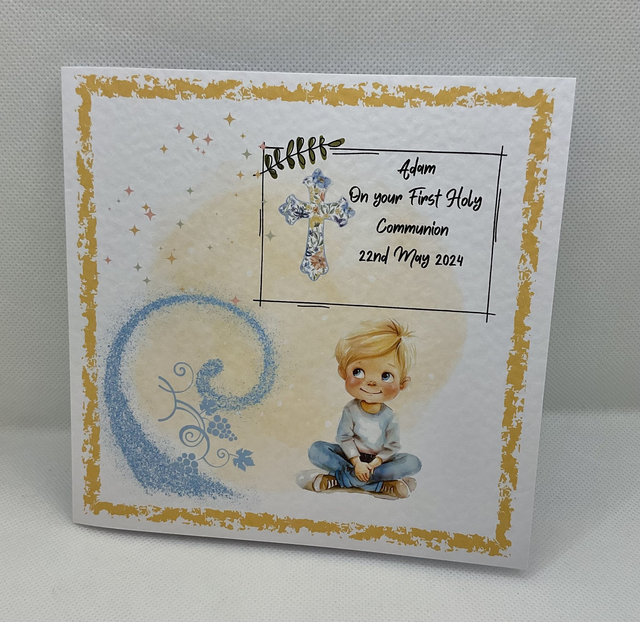 Personalised Communion and Confirmation card for boys. Handmade communion gift. Matching items available.