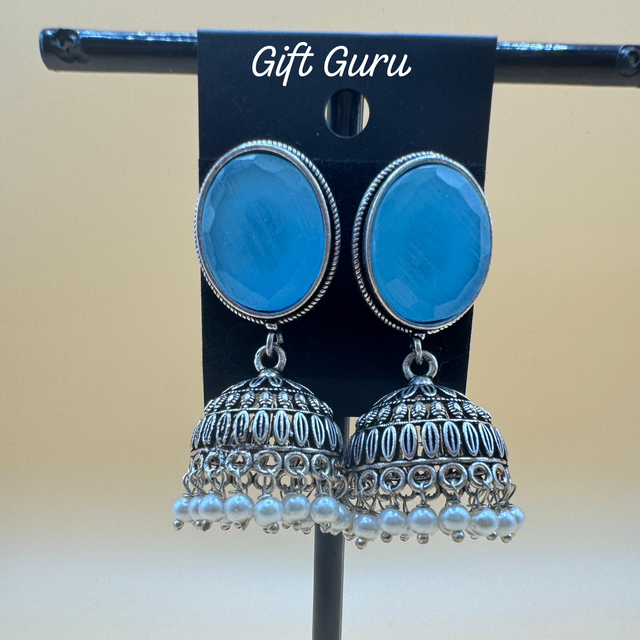 Oxidised light Blue stone Jhumkas 