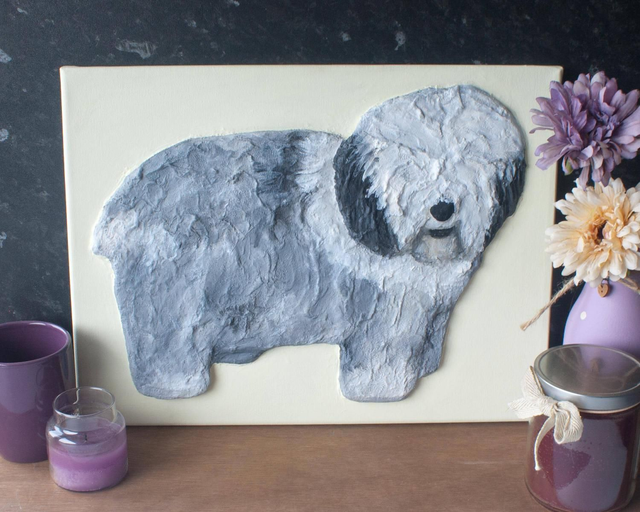 'Old English Sheepdog' Original 3D Acrylic Painting by Artist Purple Faye.