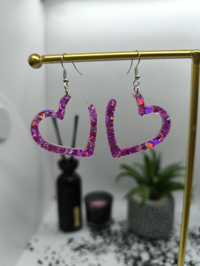 Boucles d'oreilles coeur rose pailletté 