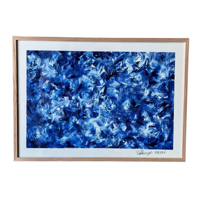 Bleu de Sèvres, par Hamid Fakhoury, acrylique sur papier, 31x43.5 cm, 2025