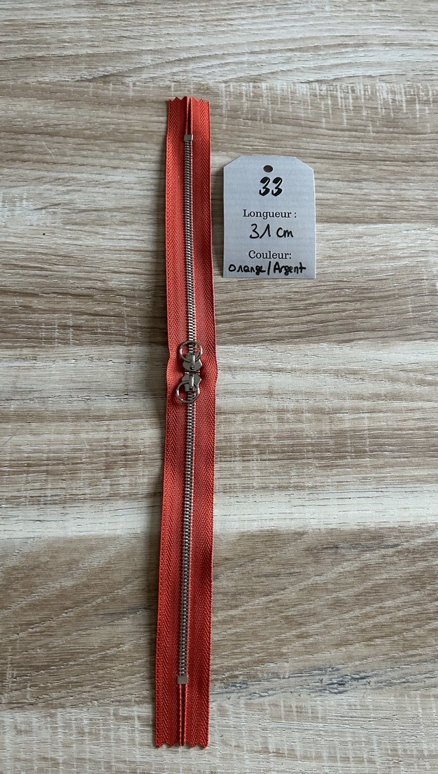 Fermetures éclair métallique orange double curseur 31cm