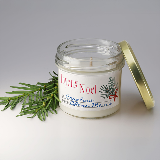 Bougie artisanale parfumée en cire de soja avec étiquette personnalisée - Cadeau pour Noël, Nouvel An, Fêtes de fin d'année, 100g (CJN02)