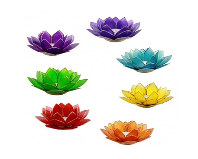 Bougeoirs lotus, ensemble de 7 bougeoirs lotus chakras bords argentés