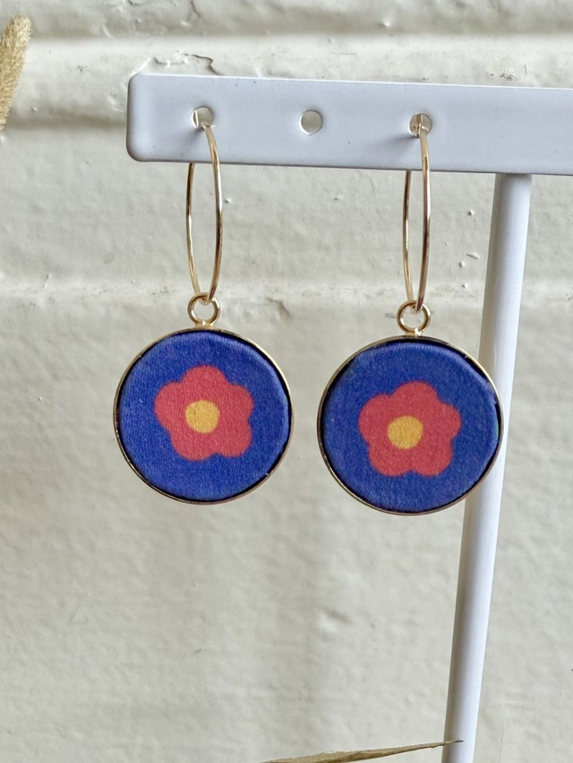 Boucles d&#039;oreilles - CREOLES FLEURS - bleu, rouge et jaune