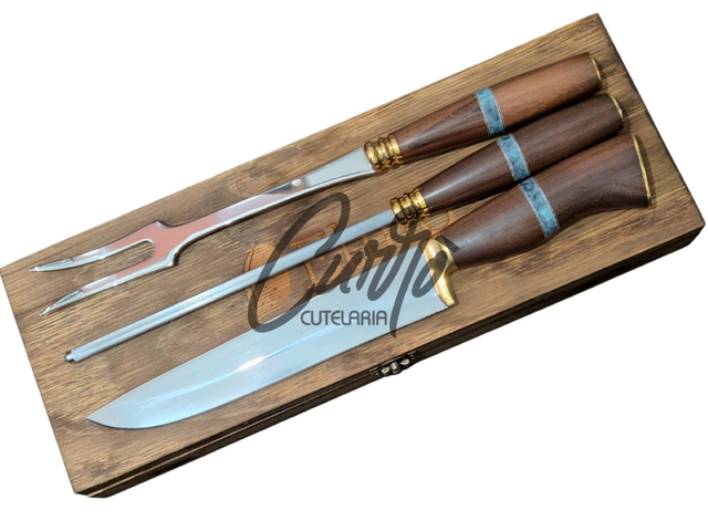 Conjunto Churrasco Elmo Faca Garfo Chaira Caixa Amadeirada 8"
