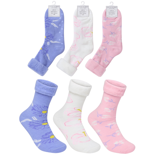 Ladies Floral Design Bed Socks With Gripper - Single Pair Pack -only £2.99 a pack