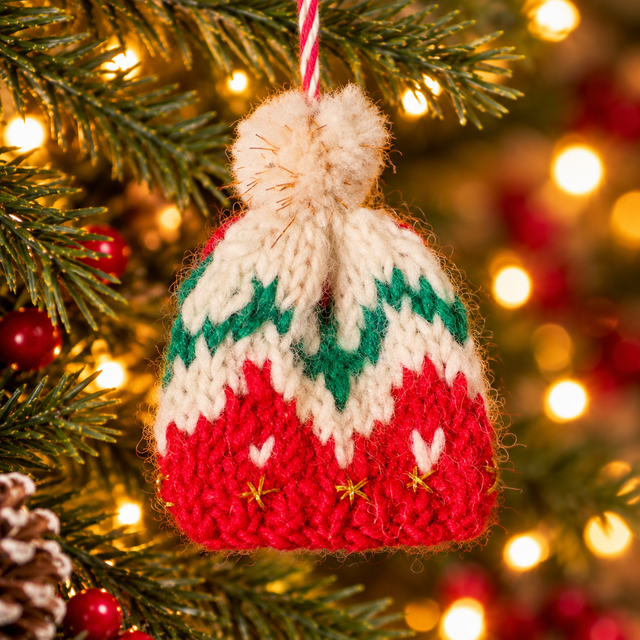 Knitted Christmas Bobble Hat Hanging Decorations – Blue or Red