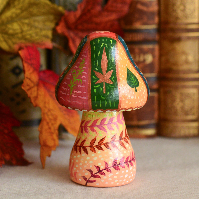 "Patchwork" Hand-Painted Wooden Mushroom