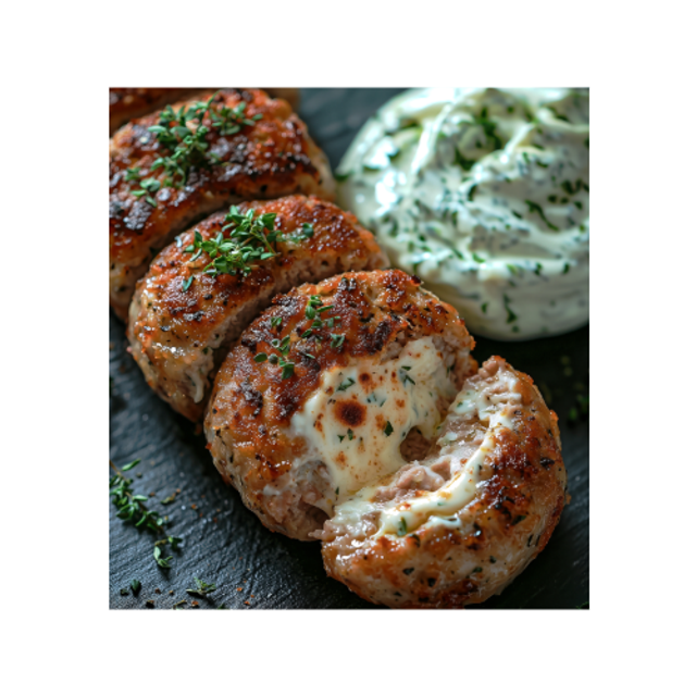 34 Bifteki Rindhacksteak gefüllt mit fetakäse Serviert mit Pommes frites,Tzatziki