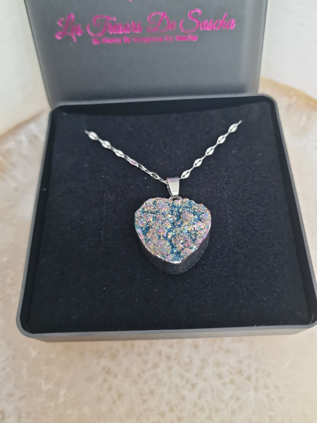 Collier Acier Inoxydable Argenté Pendentif Pierre Quartz