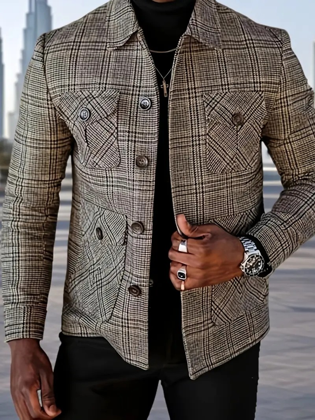 Men's Casual Polyester Checked Lapel Jacket