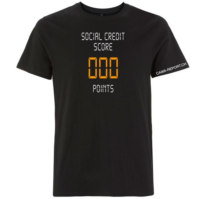 T-Shirt unisex, schwarz, «Social Credit Score», orange/weiss