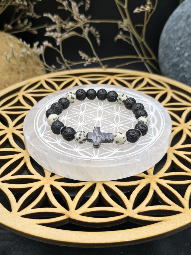 BP.004 Bracelet croix obsidienne, Jaspe et pierre de lave 