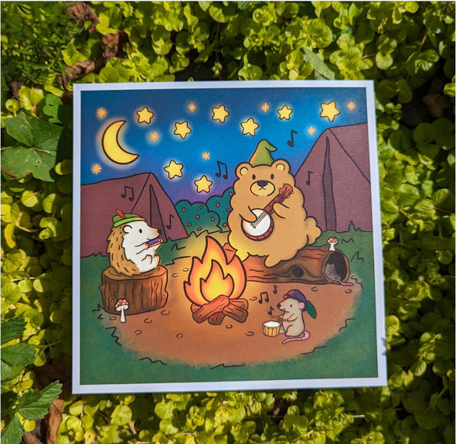 Animal Music Troupe - Campfire music with Bear, Hedgehog, and Rat  Square 21cm Recycled Print