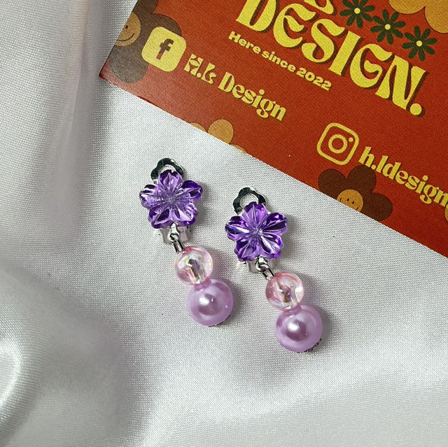 Purple Flower Dangle Clip-On Earrings