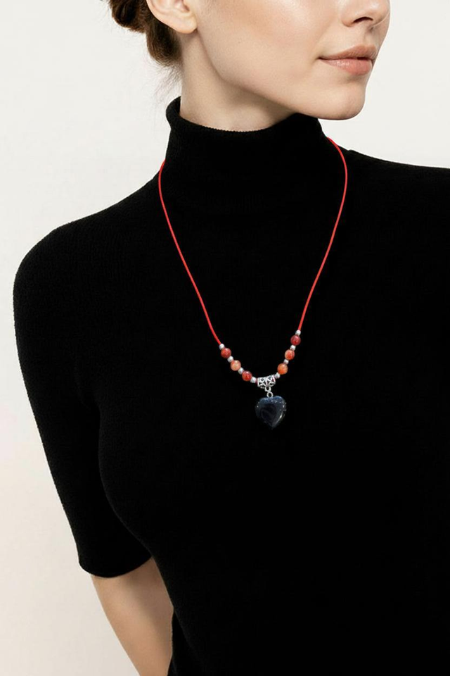 "Obsidienne &amp; Cornaline" - Collier réglable sur cordon