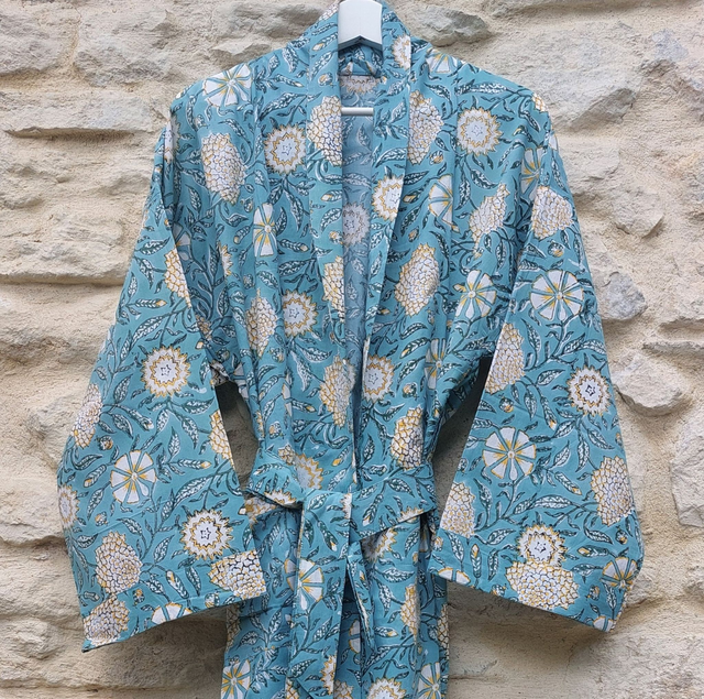 Peignoir kimono unisexe en coton naturel imprimé à la main, motif floral jaune, vert, blanc, robe de chambre L.130cm  