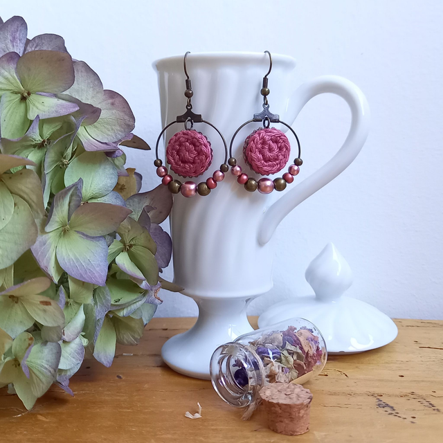 Parure bois de rose et bronze - Boucles d'oreille bois de rose type créoles