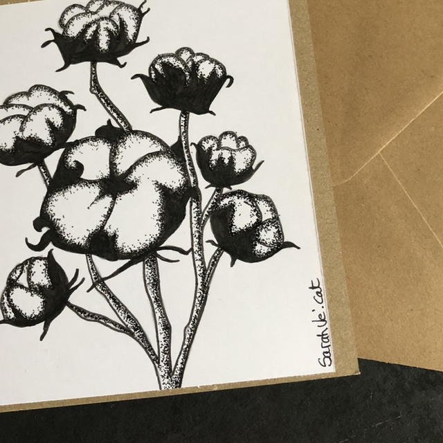 Carte - fleur de coton - 13,5 x 13,5 cm - enveloppe kraft 