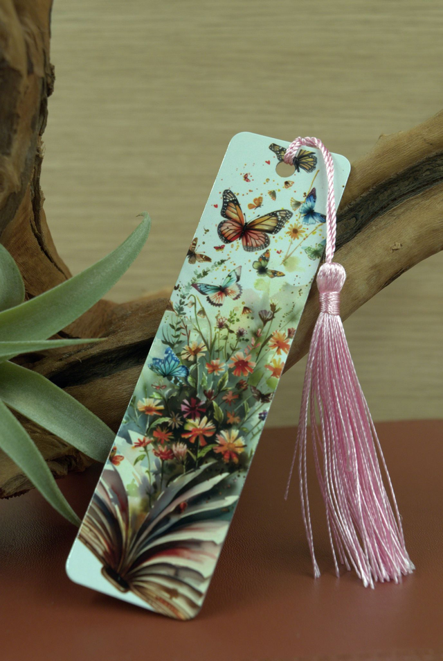 Wildflower &amp; Butterfly Aluminium Bookmark - Open Book Design with Pink Tassel