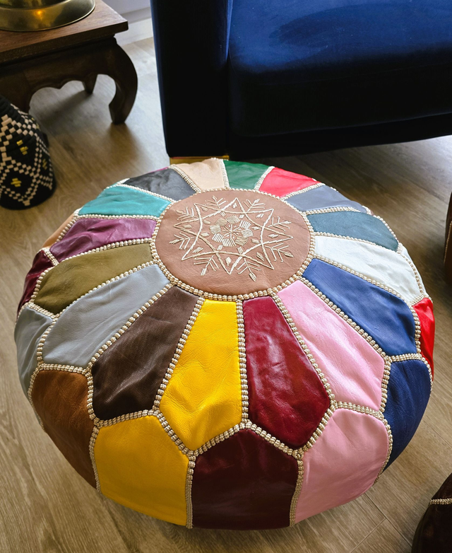  Pouf "Mehdi" multicolore grand model en cuir marocain authentique fait mains
