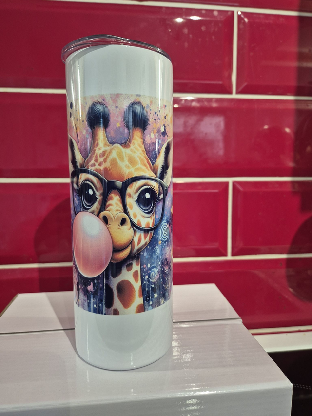 Cute giraffe blowing pink bubblegum