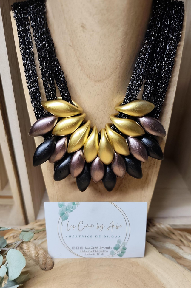 BIG COLLIER PERLES ET RESILLE GOLD/NOIR/BRONZE 0000355